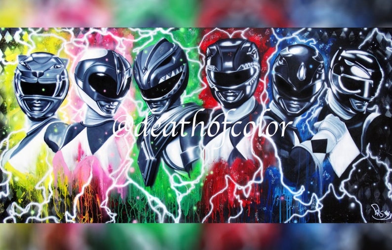 May include: A colorful painting of the Power Rangers, each ranger is depicted in a black and white style with their signature color behind them. The painting is signed "@deathofcolor".