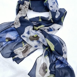navy blue scarf, designer scarves, silk modal scarf, wearable art, organic blend scarf, lux gift, birthday gift, accessories, fashion gift