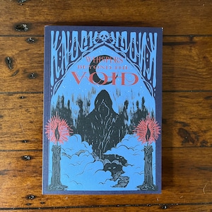 May include: A book cover with a dark blue background and a black hooded figure in the centre. The title is "Whispers Beyond the Void" in red lettering. The cover features a gothic design with candles and a skull.