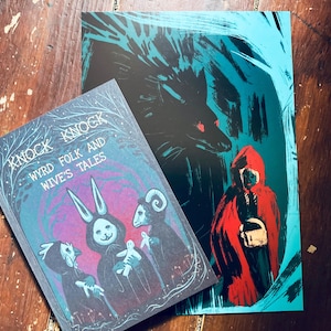 Knock Knock folk horror zine and print set, folklore zine, horror stories, comics, illustration and art, zine bundle, art print, goth decor