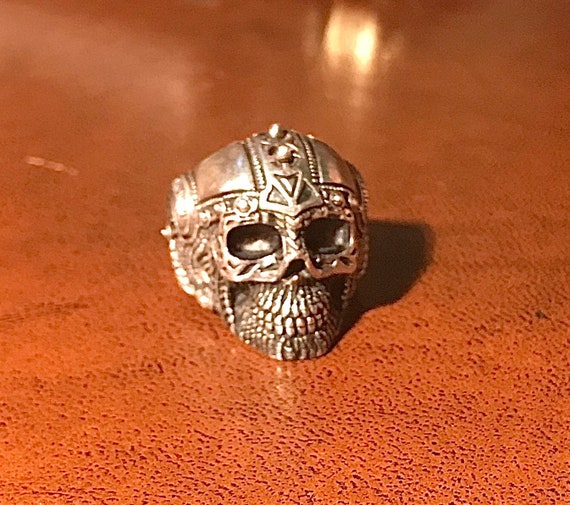 Heavy Sterling Silver Biker Skull Ring - image 1