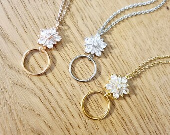 Floral Pendant O-Ring Necklace: Cubic Zirconia, Stainless Steel