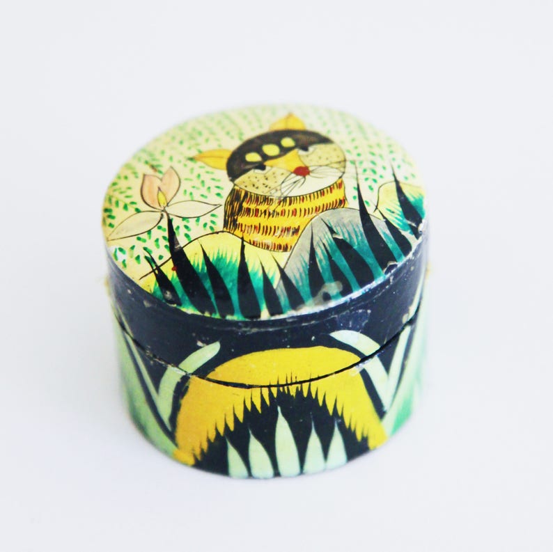 Indian Box Vintage Hand Made Wood Box Cat Box Hand Painted Box Painted Cat