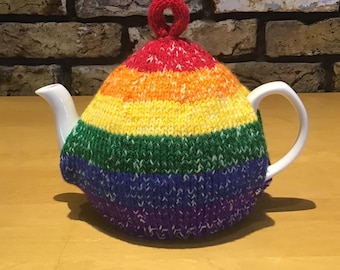 Large Knitted Rainbow Tea Cosy / 6 Cup Tea Cozy