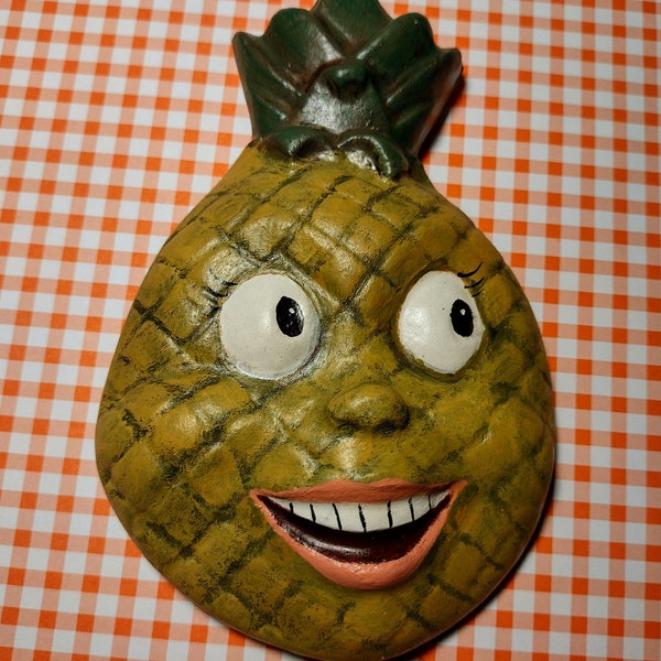 Retro Anthropomorphic Kitschy Fruit Pineapple Reproduction Chalkware Wall Art