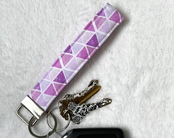 purple triangles key fob wristlet, key fob keychain, key holder, car accessory, fabric wristlet, accessory, key ring, fabric keychain