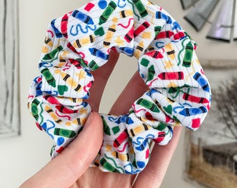 Back to School Crayons Scrunchie: Soft Rib Knit Hair Tie