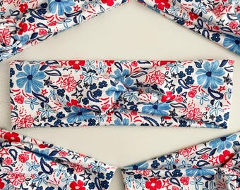 Diadema retorcida floral roja, blanca y azul, turbante elástico con nudo, cinta para el sudor fina que no causa dolor de cabeza, 4 de julio, Día de los Caídos en EE. UU.