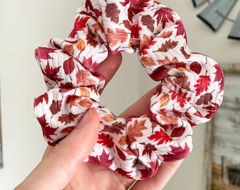 Fall Autumn Leaves Scrunchie: Soft Rib Knit Hair Tie