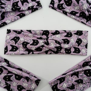 Black Cat twist headband, knotted turban headband, hair accessory, stretchy no headache headband, cute patterned headband, workout headband