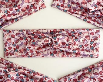 Diadema rosa con nudo de gnomo y seta: turbante elástico que no causa dolor de cabeza.