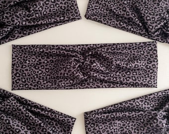 Black and Grey Leopard Print Twist Headband: Stretchy No Headache Turban Knotted Sweat Band
