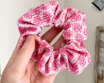 Hot Pink Monstera Leaf Scrunchie: Soft Rib Knit Hair Tie