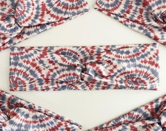 Diadema retorcida con estampado tie-dye vintage en rojo, blanco y azul, turbante elástico anudado, banda para el sudor fina que no causa dolor de cabeza, 4 de julio, Día de los Caídos en EE. UU.