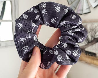 Rock Skeleton Hand Patterned Scrunchie: Soft Rib Knit Hair Tie