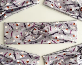 Lavender Floral Bee Print Twist Headband: Stretchy No Headache Turban Knotted Sweat Band