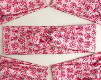 Pink Monstera Plant Leaf Twist Headband: Stretchy Knotted Turban
