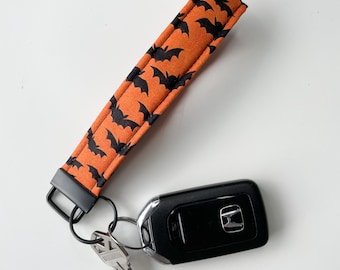 Spooky Bat Fabric Wristlet Keychain: Halloween Key Fob Lanyard