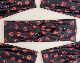 Jack O Lantern Pumpkins Twist Headband: Stretchy Knotted Turban