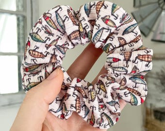 Fishing Lure Patterned Scrunchie: Soft Rib Knit Hair Tie
