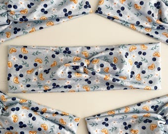 Blueberry and Oranges Fruit Print Twist Headband: Stretchy No Headache Turban Knotted Sweat Band