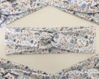 Diadema vintage azul con estampado floral, turbante anudado para el cabello, ideal para entrenar sin sudar ni sentir dolor de cabeza.