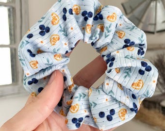 Blueberry and Oranges Fruit Patterned Scrunchie: Soft Rib Knit Hair Tie