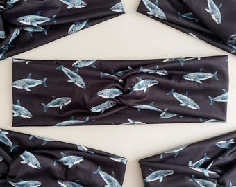 Great White Shark Animal Print Twist Headband: Stretchy No Headache Turban Knotted Sweat Band
