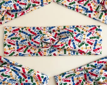 Back to School Crayons Teacher Twist Headband: Stretchy Knotted Turban