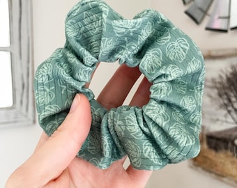 Monstera Plant Leaf Patterned Scrunchie: Soft Rib Knit Hair Tie