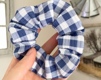 Blue and White Plaid Patterned Scrunchie: Soft Rib Knit Hair Tie