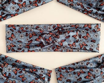 Monarch Butterfly Teal Twist Headband, Stretchy Knotted Turban, Thin No Headache Sweat Band