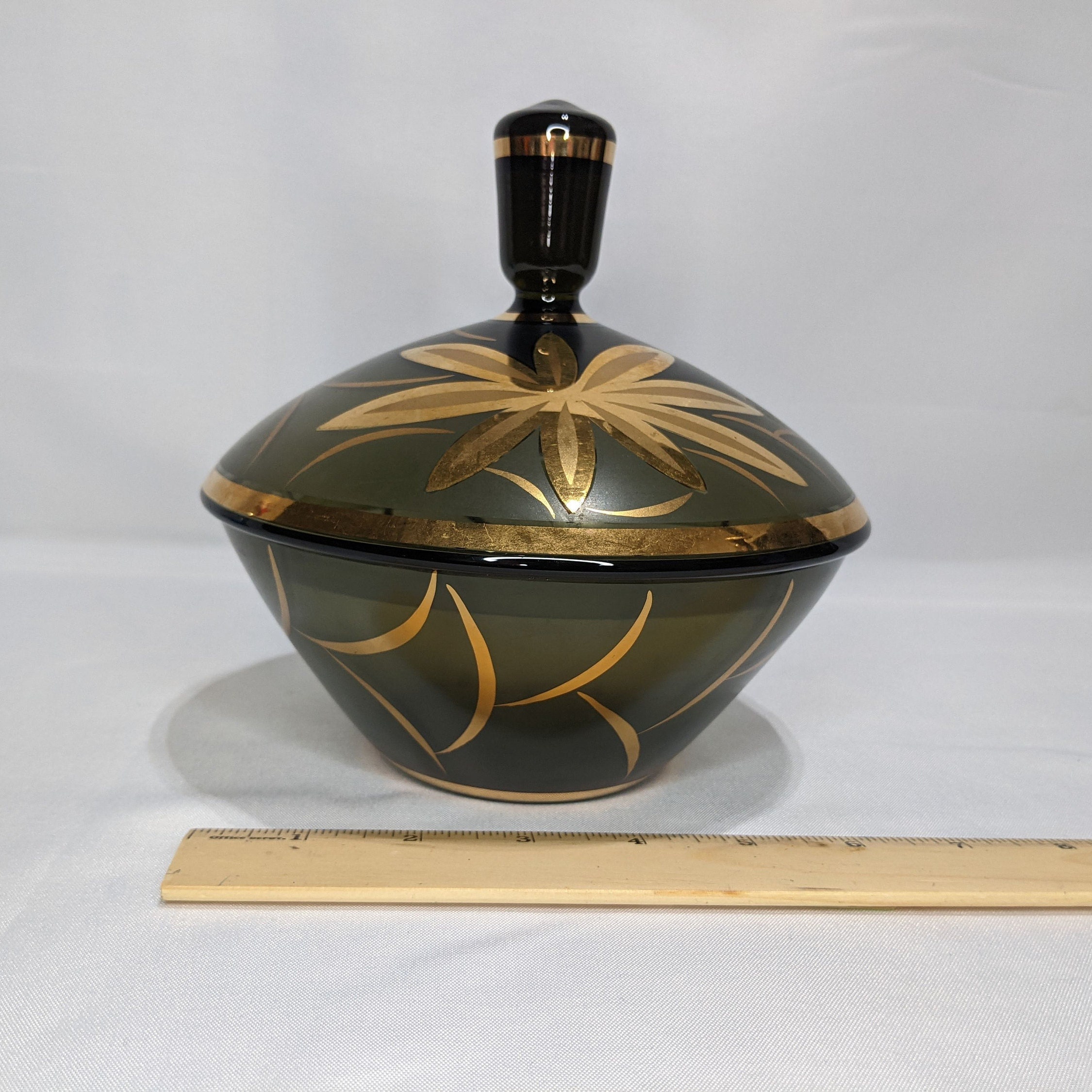 Midcentury Candy Dish Black Smoke Glass and Gold Etsy