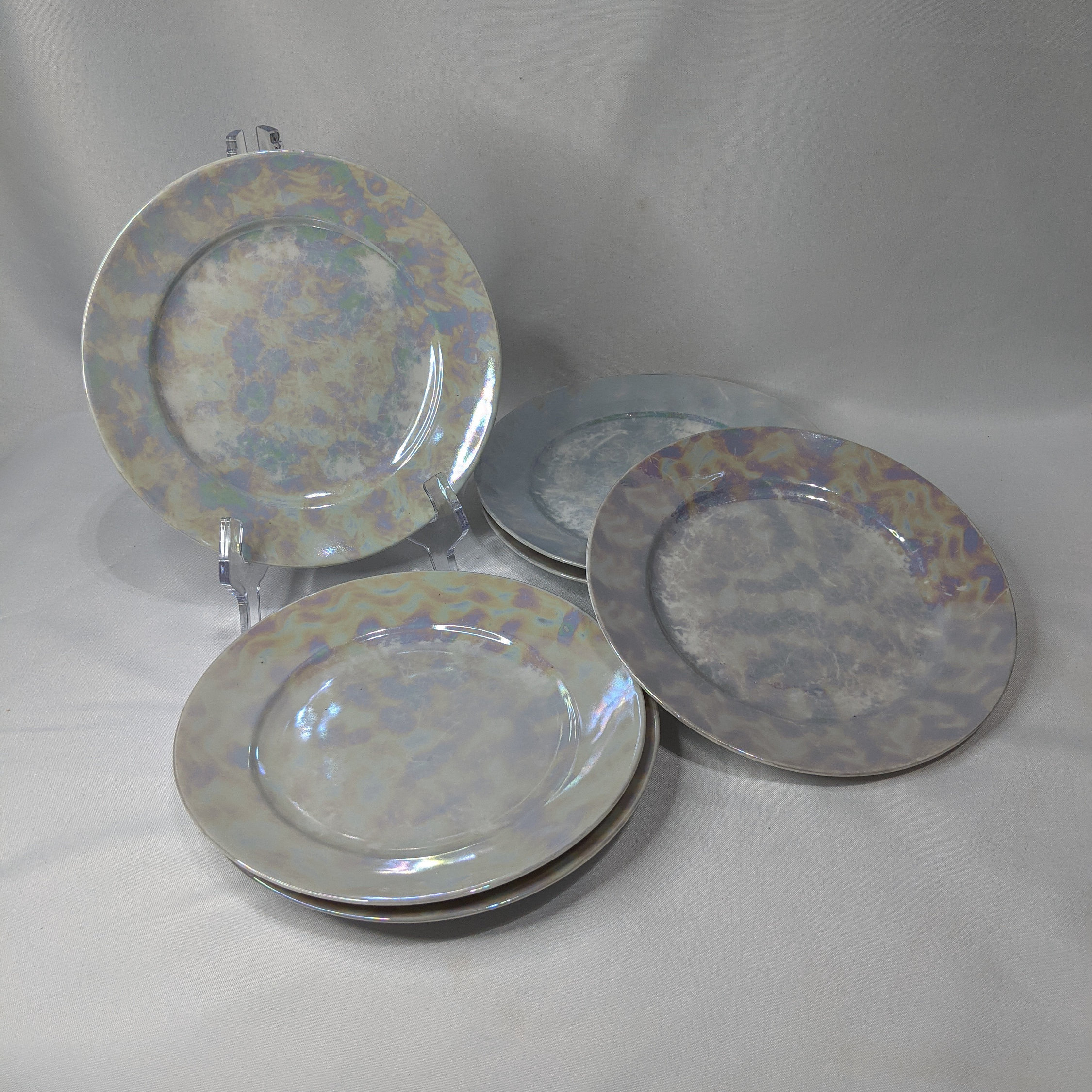 Vintage Iridescent Dessert Plates Set of 6 Water Color Pastel Rainbow Glaze