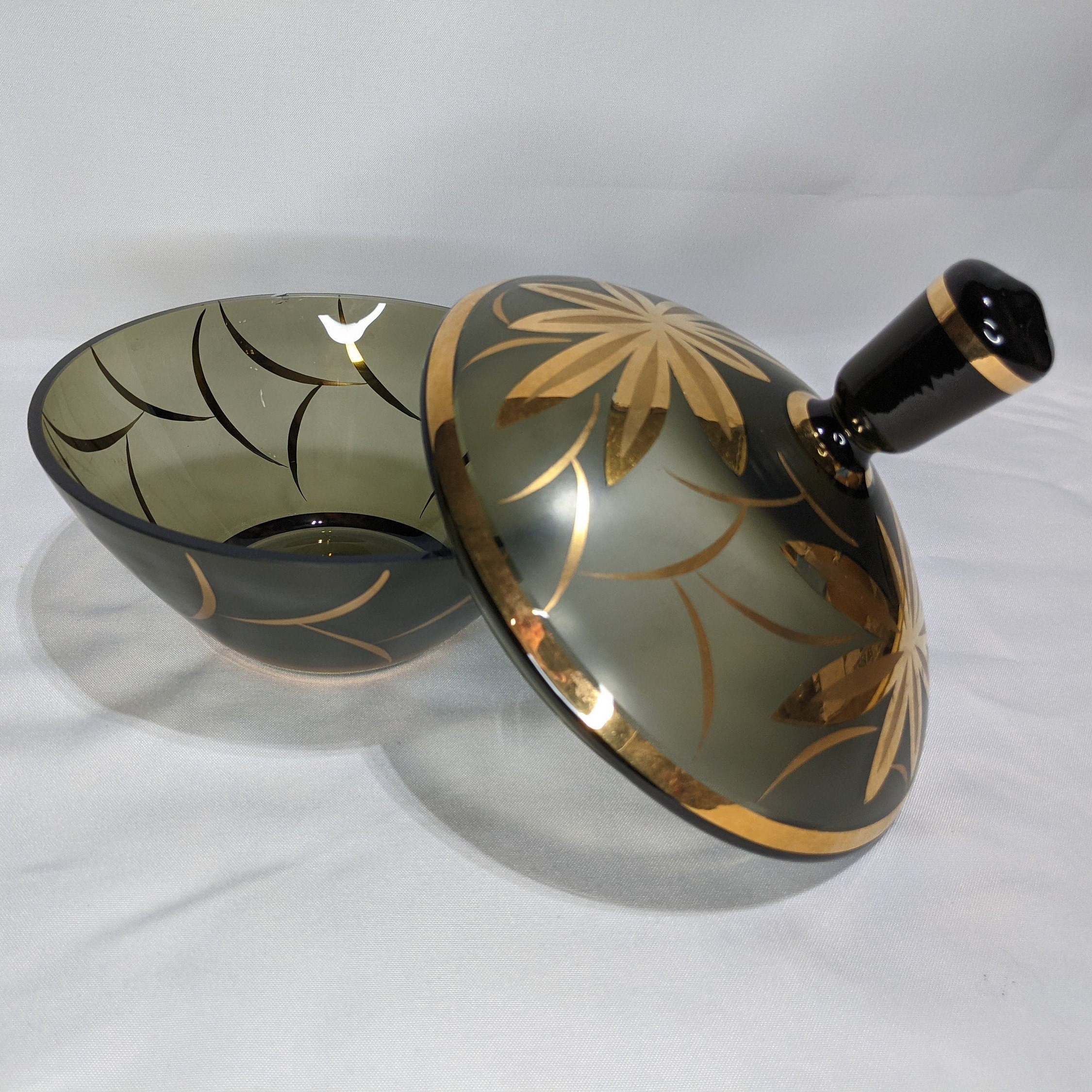 Midcentury Candy Dish Black Smoke Glass and Gold Etsy