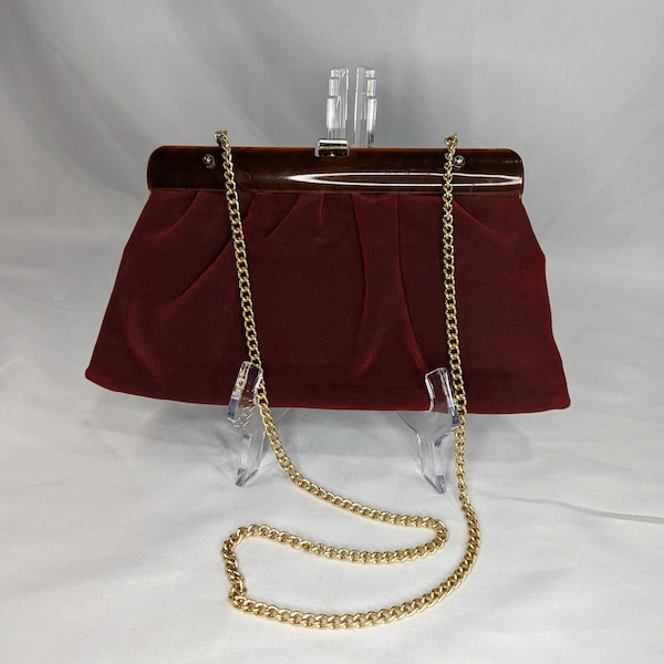 Vintage Crimson Red Velvet Purse - Clasp Closure & Gold Chain