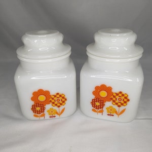 Retro Milk Glass Canisters - Orange & Red Flowers - Jeannette Mid Century