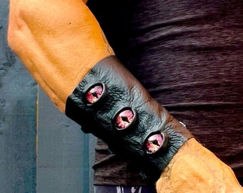 Leather cuff evil eye forearm protector armour fully adjustable pink and black rock,goth,Viking,witchy and steampunk