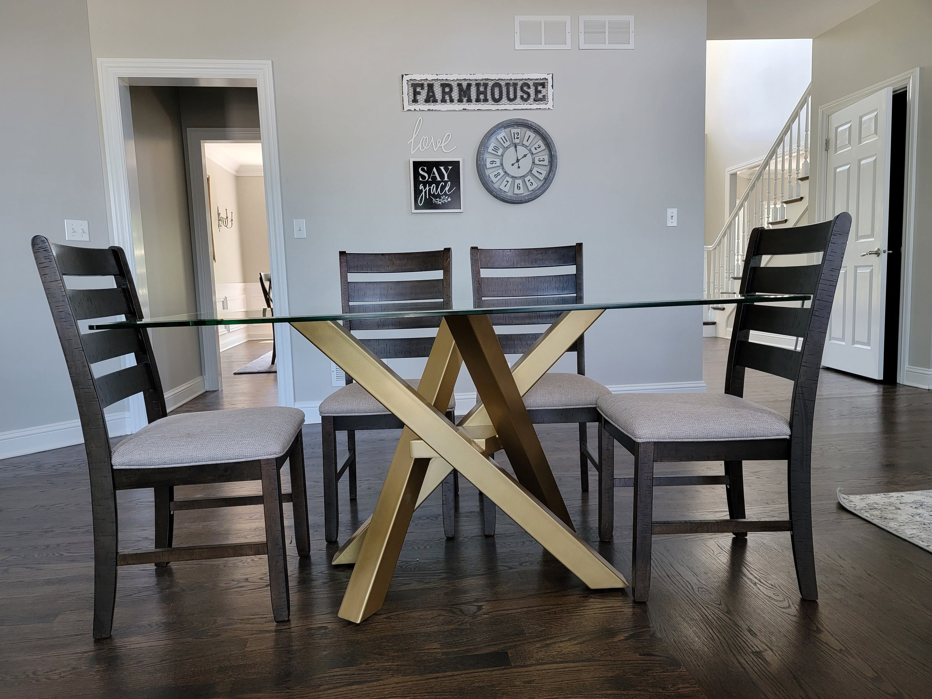 Glass top table wood base deals
