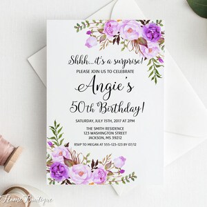 Überraschungs-Einladung zum 50. Geburtstag, Frauen-Geburtstags-Einladung, Blumen-Frauen-Geburtstags-Einladung, Geburtstags-Einladung Lila, #BW101