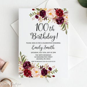 100th Birthday Invitation, Any Age Women Birthday Invitation, Floral Womens Birthday Invitation, Burgundy Invitation, Marsala, #BW100