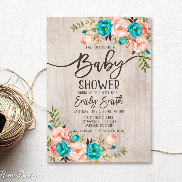 Baby Shower Invitation, Rustic Floral Coral and Teal Baby Shower Invitation, Baby Shower Invitation, Watercolor Baby Shower, W237