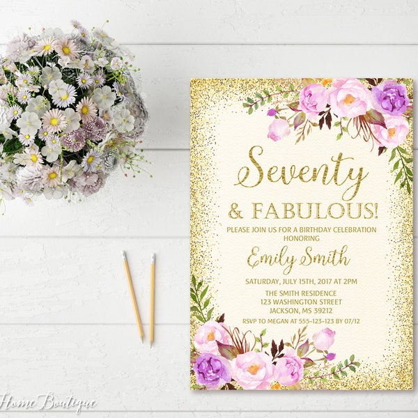 70th Birthday Invitation, Any Age Women Birthday Invitation, Floral Ivory and Gold Women Birthday Invitation, Purple Birthday Invite, #BW24