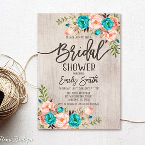 Bridal Shower Invitation, Rustic Floral Coral and Teal Bridal Shower Invitation,  Bridal Shower Invitation, Watercolor Invitation W237