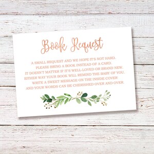 Apportez un livre au lieu d'une carte, de la verdure, apportez un livre encart pour baby shower, carte de demande de livre en or rose, téléchargement immédiat, BS35