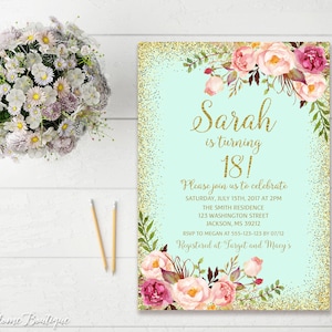 18th Birthday Invitation, Any Age Women Birthday Invitation, Floral Mint Women Birthday Invitation, Boho Women Birthday Invite, #BW01-18