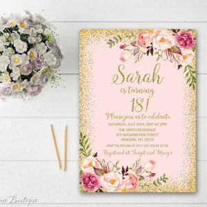 18th Birthday Invitation, Any Age Women Birthday Invitation, Floral Pink and Gold Women Birthday Invitation, Boho Birthday Invite, #W02