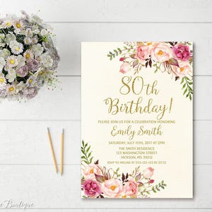 80th Birthday Invitation, Any Age Women Birthday Invitation, Floral Ivory and Gold Birthday Invitation, Boho Birthday Invite, #BW35-80