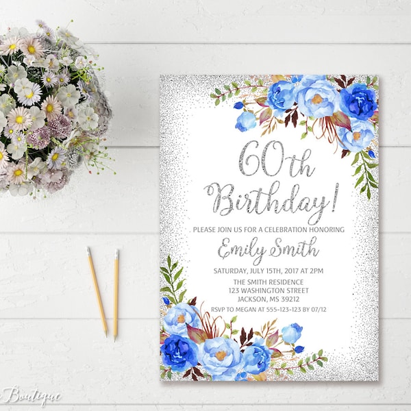 60th Birthday Invitation, Any Age Women Birthday Invitation, Floral Blue and Silver Women Birthday Invitation, Blue Invitation, #BW97
