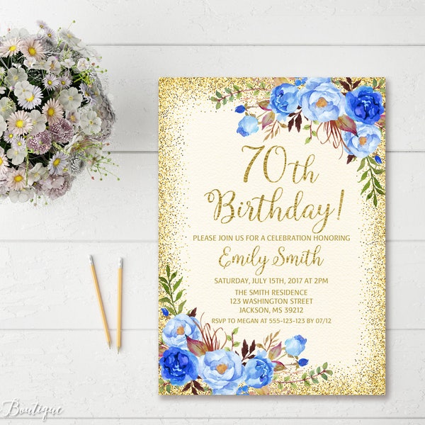 70th Birthday Invitation, Any Age Women Birthday Invitation, Floral Ivory and Gold Women Birthday Invitation, Cream Blue Invitation, #BW44